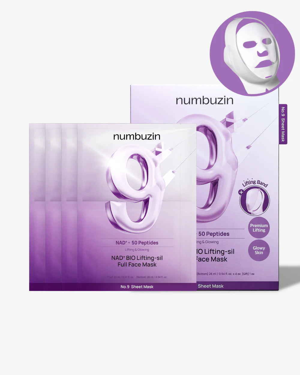 NUMBUZIN No 9 NAD+ BIO Lifting-sil Full Face Mask (4 Sheets + Lifting Band)
